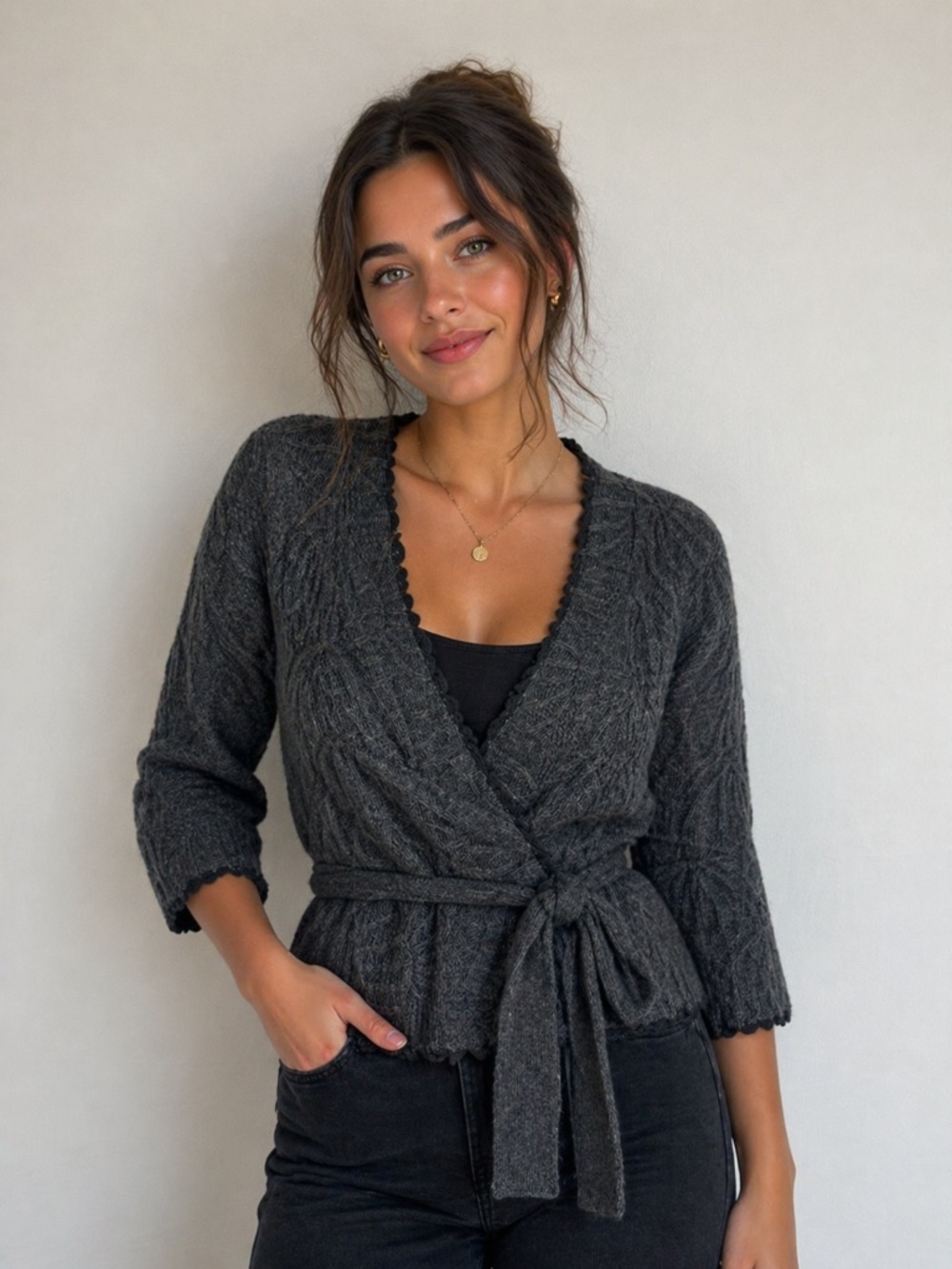 Guinevere AnthropologieTextured Belted Sweater Cardigan Gray Black Size M